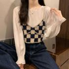 Set: Long-sleeve Blouse + Checkered Knit Camisole Top
