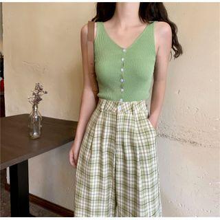 Button V-neck Knit Tank Top