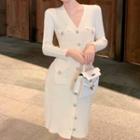 V-neck Knit Midi A-line Dress White - One Size
