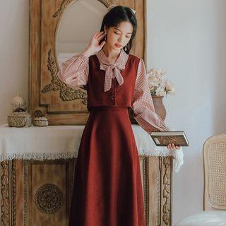 Tie-neck Plaid Panel Corduroy Mock Two Piece Dress