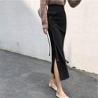 Slit Straight-fit Midi Knit Skirt Black - One Size