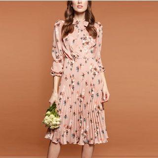 3/4-sleeve Floral Printed Pleated Dress