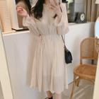 Ruffled Long-sleeve Accordion Pleat Midi Dress