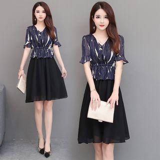Mock Two-piece Short-sleeve A-line Chiffon Dress