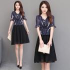 Mock Two-piece Short-sleeve A-line Chiffon Dress