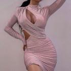 Long-sleeve Mock-neck Cutout Glitter Mini Bodycon Dress