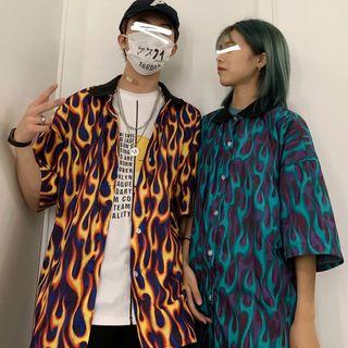Flame Print Elbow-sleeve Shirt