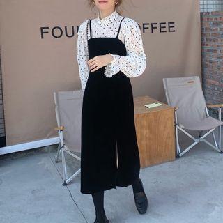 Bell-sleeve Dotted Blouse / Midi Overall Dress