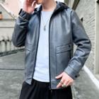 Hooded Zip-up Faux Leather Jacket