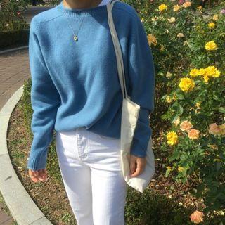 Plain Crew-neck Sweater Blue - One Size