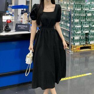 Puff Sleeve Square-neck Midi A-line Dress