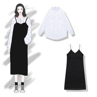 Polka Dot Chiffon Shirt / Plain Pinafore Dress