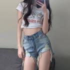 Elbow-sleeve T-shirt / Distressed Denim Hot Pants