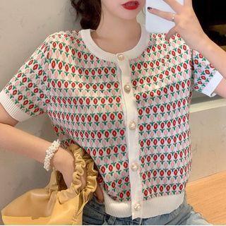 Short-sleeve Floral Cardigan Red & Pink Flower - White - One Size
