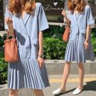 Pleated Hem Double Breasted Dress Grayish Blue - One Size