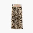 Leopard Print Straight Cut Midi Knit Skirt Beige - One Size