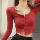 Long-sleeve Lettuce Edge Button-up Crop Top Red - One Size