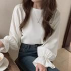 Bell-sleeve Round Neck Plain Loose Fit Blouse