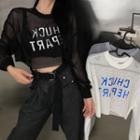 Long-sleeve Letter Embroidered Cropped Mesh T-shirt