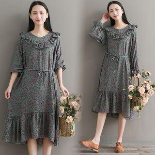 Frilled Trim Floral Midi Dress