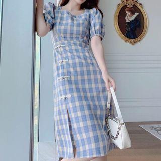 Short-sleeve Square Neck Plaid Slited Midi Dress