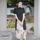 Short-sleeve Qipao Top / Print Midi Skirt / Set