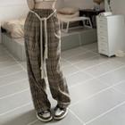 High-waist Plaid Loose-fit Pants Khaki - One Size
