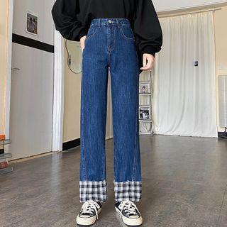 High-waist Straight Cut Loose Fit Plaid Jeans