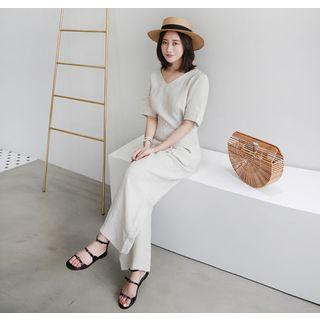 Short-sleeve Wide-leg Linen Blend Jumpsuit