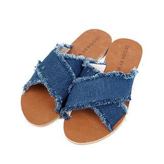 Frey-trim Cross-strap Slide Sandals