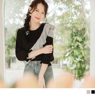 3/4 Sleeve Cold Shoulder Striped Panel Ruffled Top