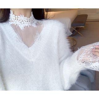 Mock Neck Lace Blouse White - One Size