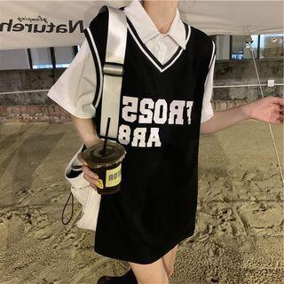 Short-sleeve Mock Two-piece Lettering Mini T-shirt Dress