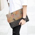 Studded Faux Leather Panel Clutch