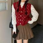 Floral Button-up Sweater Vest / Lace Top
