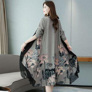 Long-sleeve A-line Dress / Flower Print Open-front Midi Coat / Set