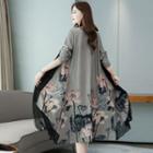 Long-sleeve A-line Dress / Flower Print Open-front Midi Coat / Set