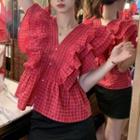 Ruffle Sleeves V-neck Gingham Blouse Rose Pink - One Size