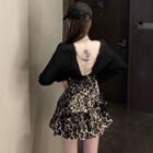 Chain-back Loose Top / Ruffled Leopard-print Mini Skirt