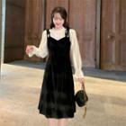 Mock Two-piece Lace Long-sleeve Panel Velvet Spaghetti-strap Dress