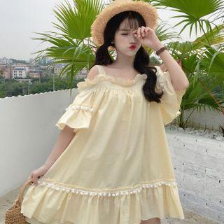 Cold-shoulder Ruffled Bobble Trim A-line Dress