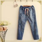 Distressed Washed Drawstring Jeans