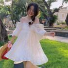 Puff-sleeve Cold-shoulder Mini A-line Dress White - One Size