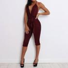 Spaghetti Strap Open-back Fitted Capri Jumpsuit
