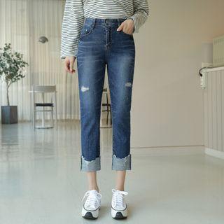 Rollup-hem Distressed Straight-cut Jeans