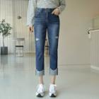 Rollup-hem Distressed Straight-cut Jeans