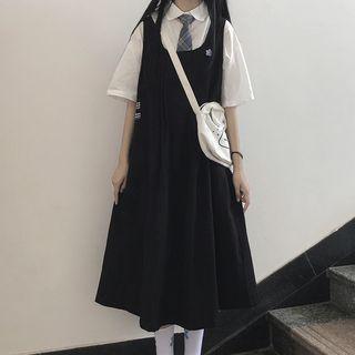 Elbow-sleeve Shirt With Plaid Neck Tie / Midi Jumper Dress