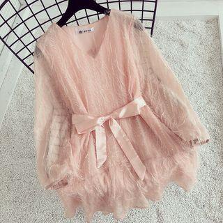 Fringed V-neck Long-sleeve Chiffon Dress