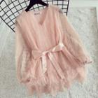 Fringed V-neck Long-sleeve Chiffon Dress