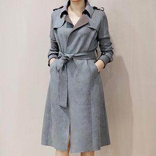 Faux Suede Tie Waist Trench Jacket